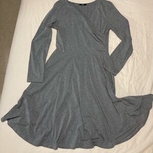 Laksmi Gray Faux Wrap Fit and Flare Midi Dress
